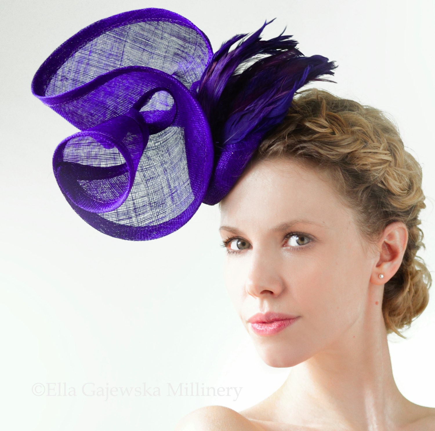 Purple Natural Straw Headpiece Fascinator Summer Hatinator Statement Light Weight Hat Hair Accessory Purple Feathers Wedding Royal Ascot