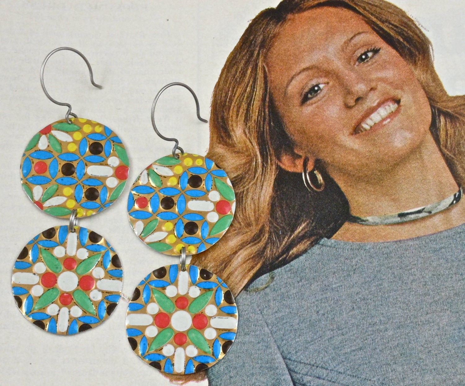 Recycled Tin, Upcycled Tin, Vintage Metal, Tin Can, Tin Earrings, Vintage Can, Recycled Can, recycled earrings, blue, red, southwest