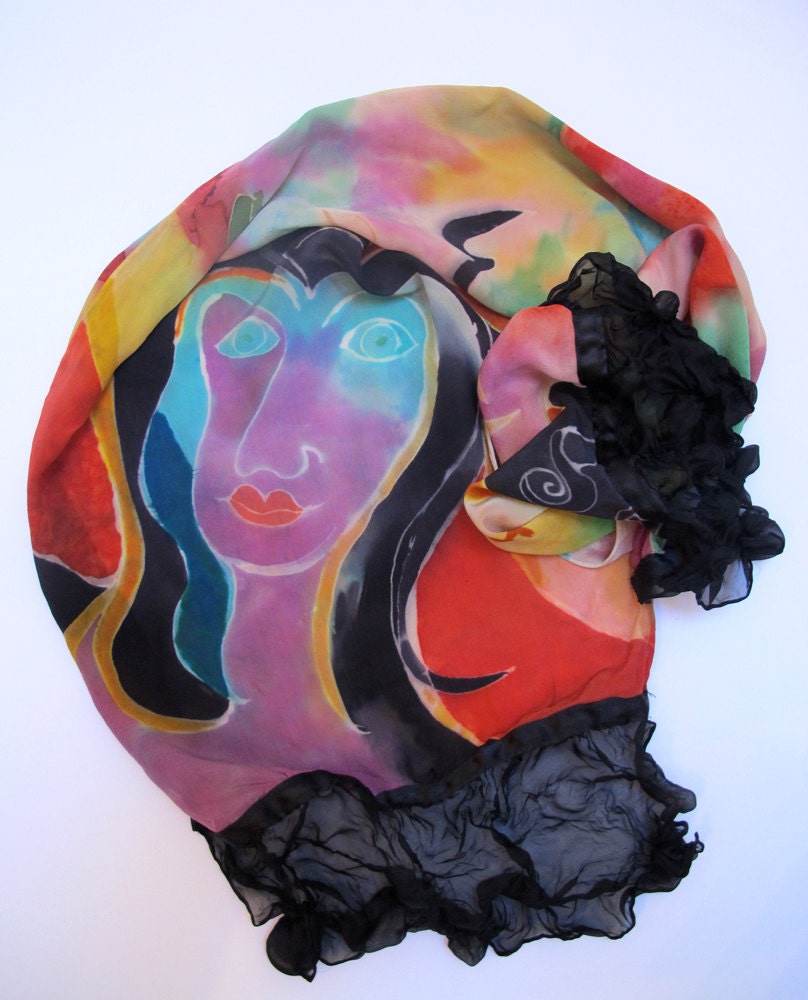 Silk Scarf Wearable Art Hand-Painted Crepe de Chine