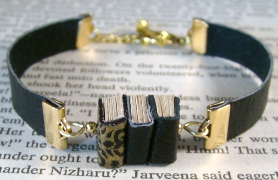Miniature Book Bracelet Stack of 3 Mini Books and Leather Bracelet Black