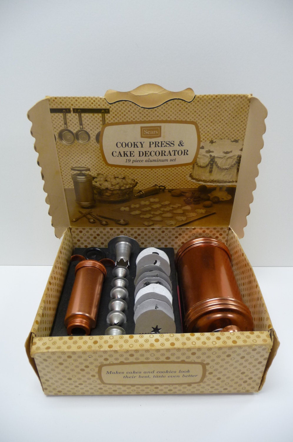 Vintage Sears Cooky Press Cake Decorator aluminum set Copper and chrome
