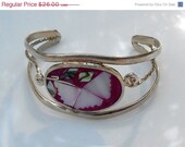 ON SALE Vintage Mauve Cloisonné Floral Sterling Silver Open Cuff Bracelet