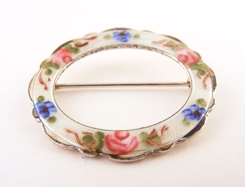 Guilloche Enamel Brooch Lamode Sterling Circle Pin Floral