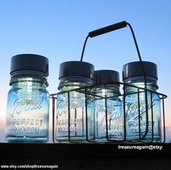 Dairy Basket Pint Ball Lights 4 Garden Lanterns in Antique Milk Carrier Wire Caddy Blue Pint Mason Jar Solar Lights