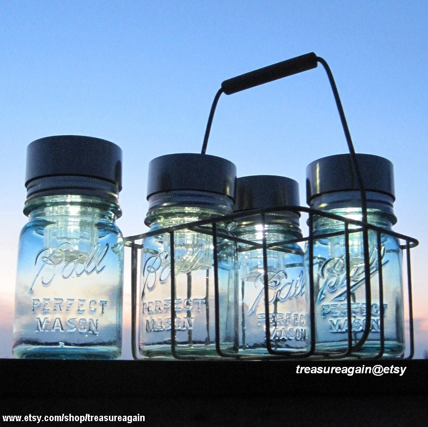 Dairy Basket Pint Ball Lights 4 Garden Lanterns in Antique Milk Carrier Wire Caddy Blue Pint Mason Jar Solar Lights