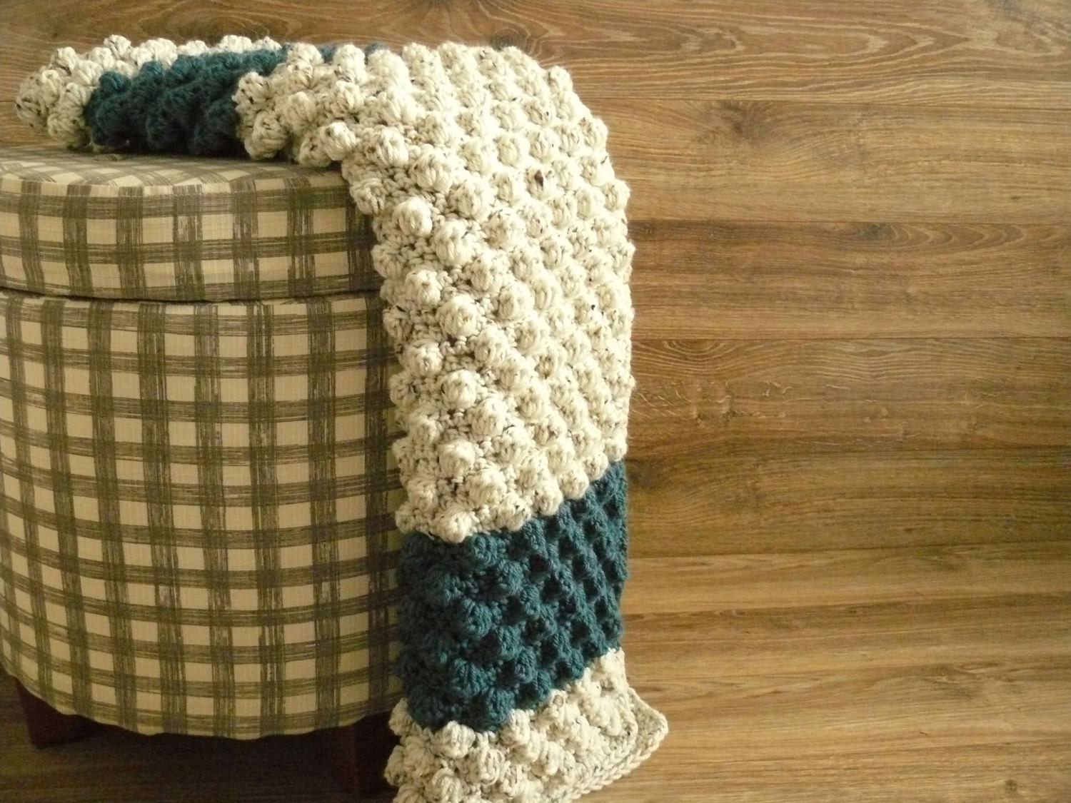 Modern Baby blanket -  crochet afghan, Oatmeal tweed, navy blue Stripe Blanket, , Customize