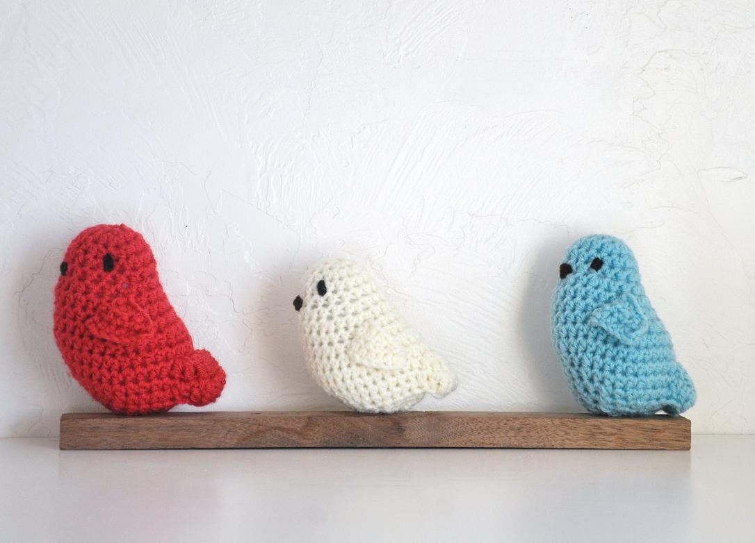 3 Bird Baby Rattles Crocheted Baby Toys Red White & Blue