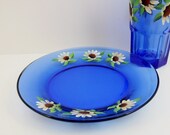 Dessert Salad Plates Hand Painted Cobalt Blue Yellow Daisies Set of 4