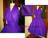 1950s Insp Custom Made Bombshell Marilyn Halter Full skirt Chiffon Dull satin Evening Wedding Bridal Tea length Dress