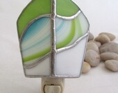 Chartreuse Lime Turquoise Aqua White Hand Crafted Stained Glass Electric Night Light
