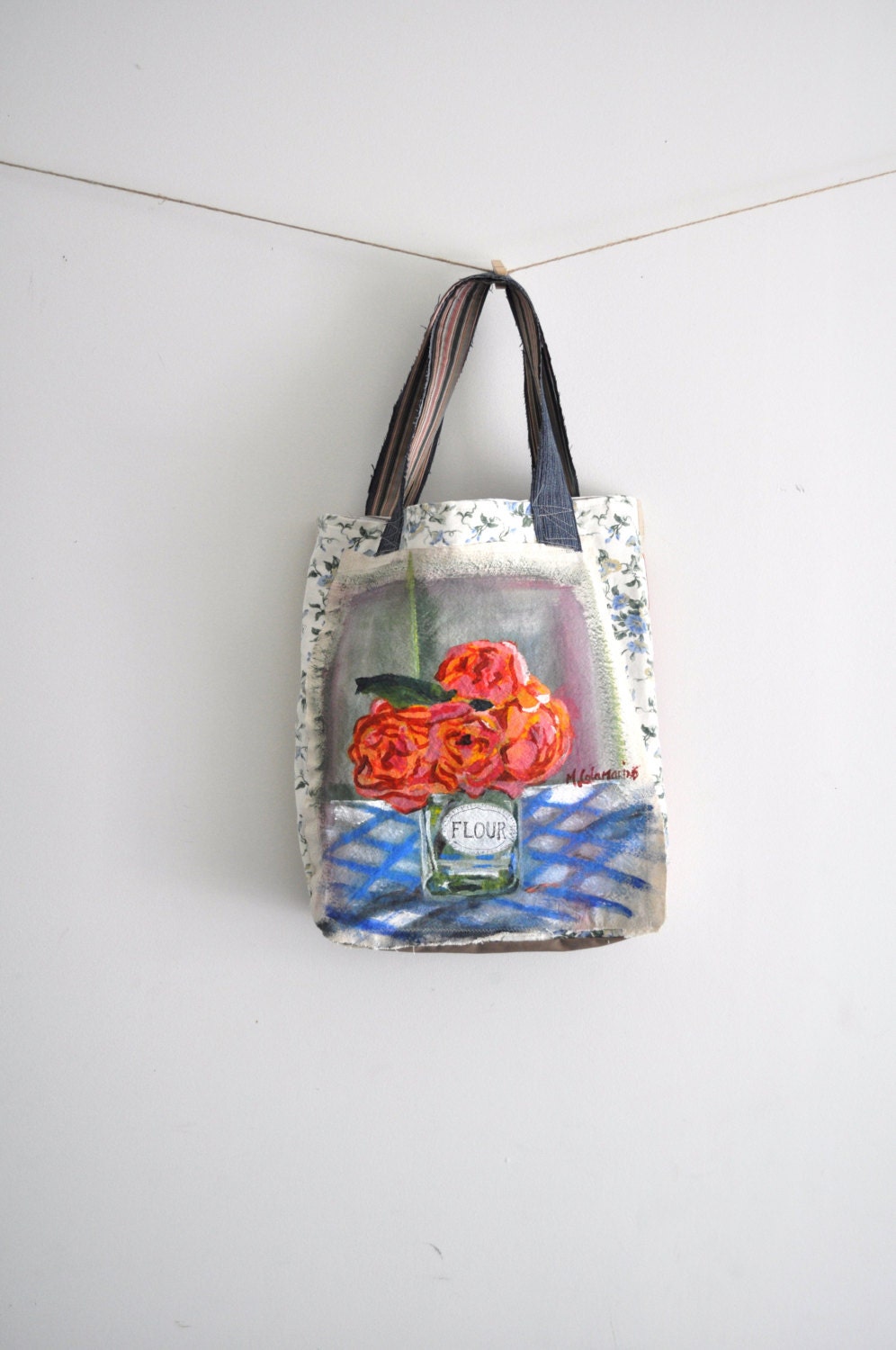 Shabby Chic Anthropologie inspired fine art still life bag purse tote reclaimed fabric coral roses mason jar flour country living