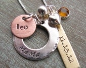 Personalized Mothers Necklace hand stamped mixed metals with 3 charms and birthstone - MOMMY GRANDMA NANA