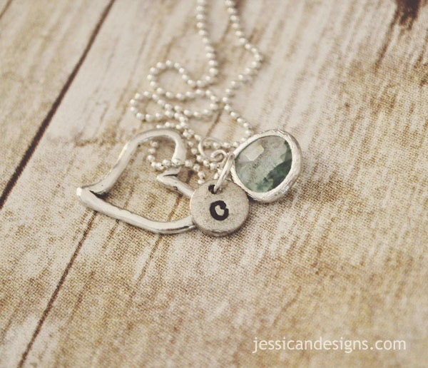 Hand Stamped Pewter Heart & Initial Necklace with Aqua Gemstone - Personalized with the Initial of your Choice