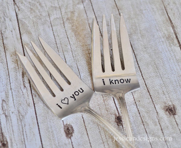 I Love you, I Know-  Hand Stamped Vintage Wedding Cake Fork Set Personalized with Your Wedding Date