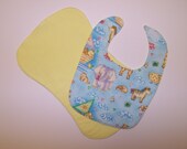 Bib burp cloth set baby animals sailboats reversible blue yellow cotton flannel