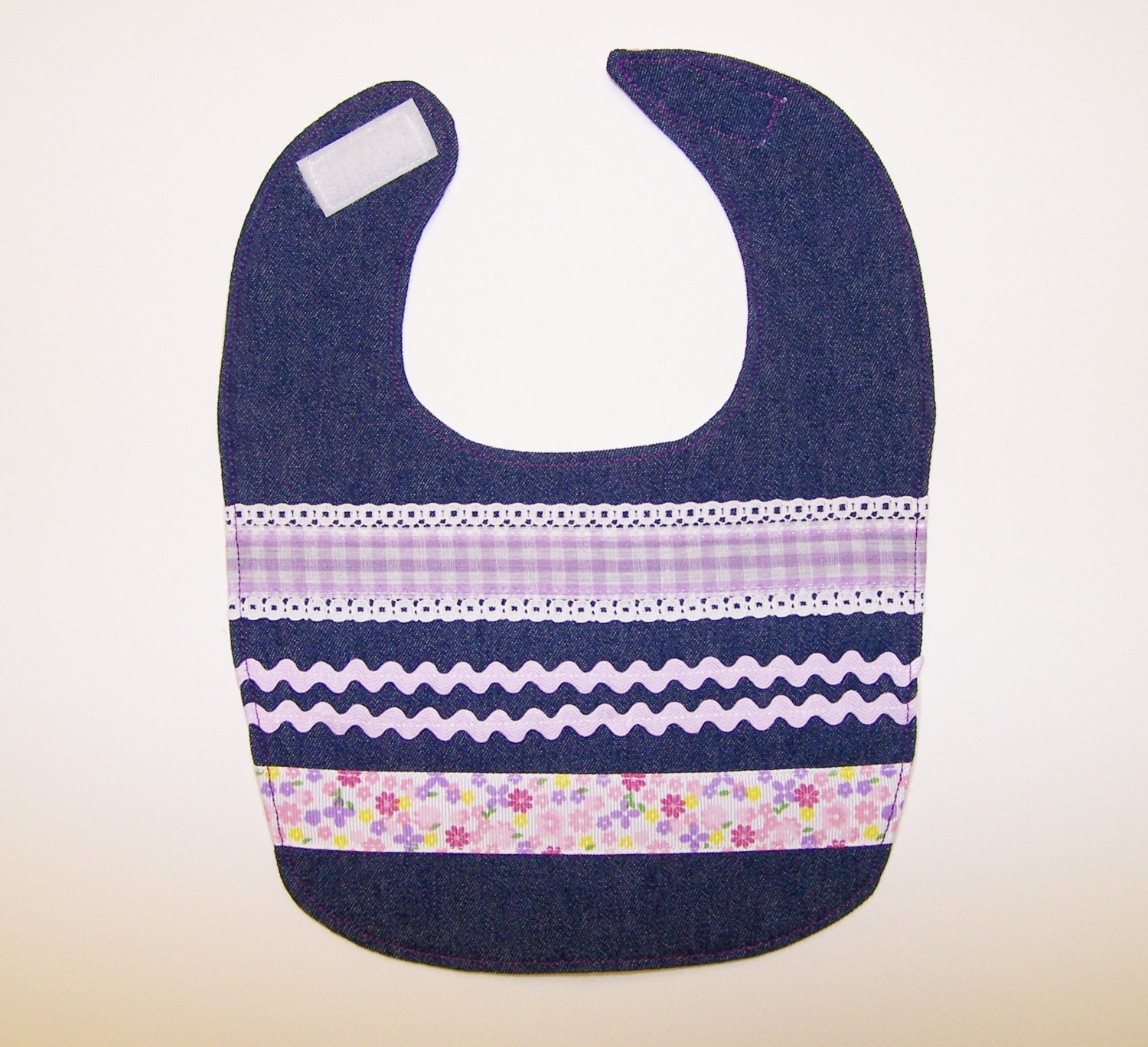 Denim bib pink and purple ribbon bib paisley flannel lavender gingham denim baby