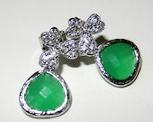 Palace Green Drops with 3-leaf Clover Cubic Zirconia Post Earrings, Sterling Silver