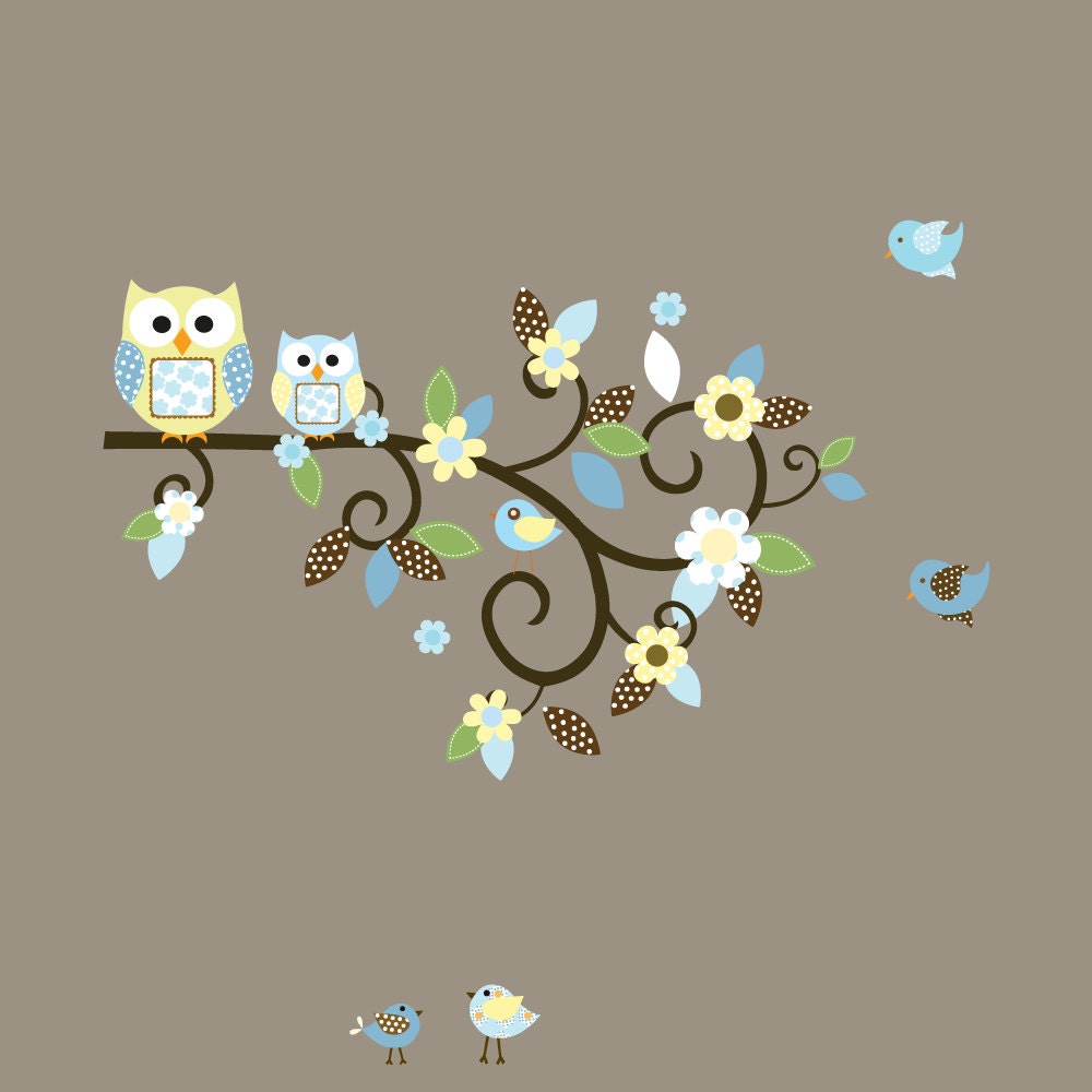 Custom Listing Vinyl Wall Decal Stickers Owl Swirl Branch Set Nursery Girls Baby