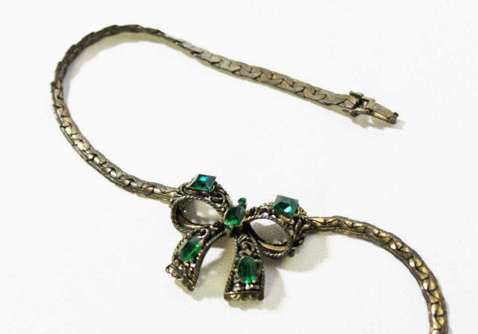 Art Deco Coro Early Book Piece Bow Necklace Green Cabochon Early Script Etched Signature