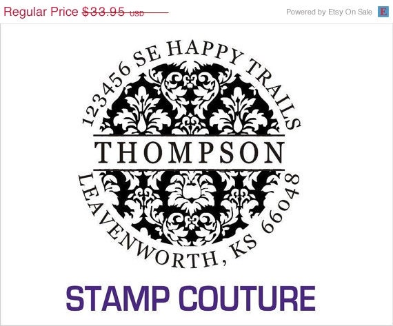 SALE TOP SELLER - Damask Family Name Round Address Rubber Stamp - Elegant scroll - Self-Inking