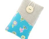 Fabric iPhone 5 case / Padded iPhone 4 sleeve / iPod case / cell phone protector / cute colorful flowers over turquoise