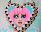 Pretty in Pink Hand Painted Wooden Heart Cameo Necklace