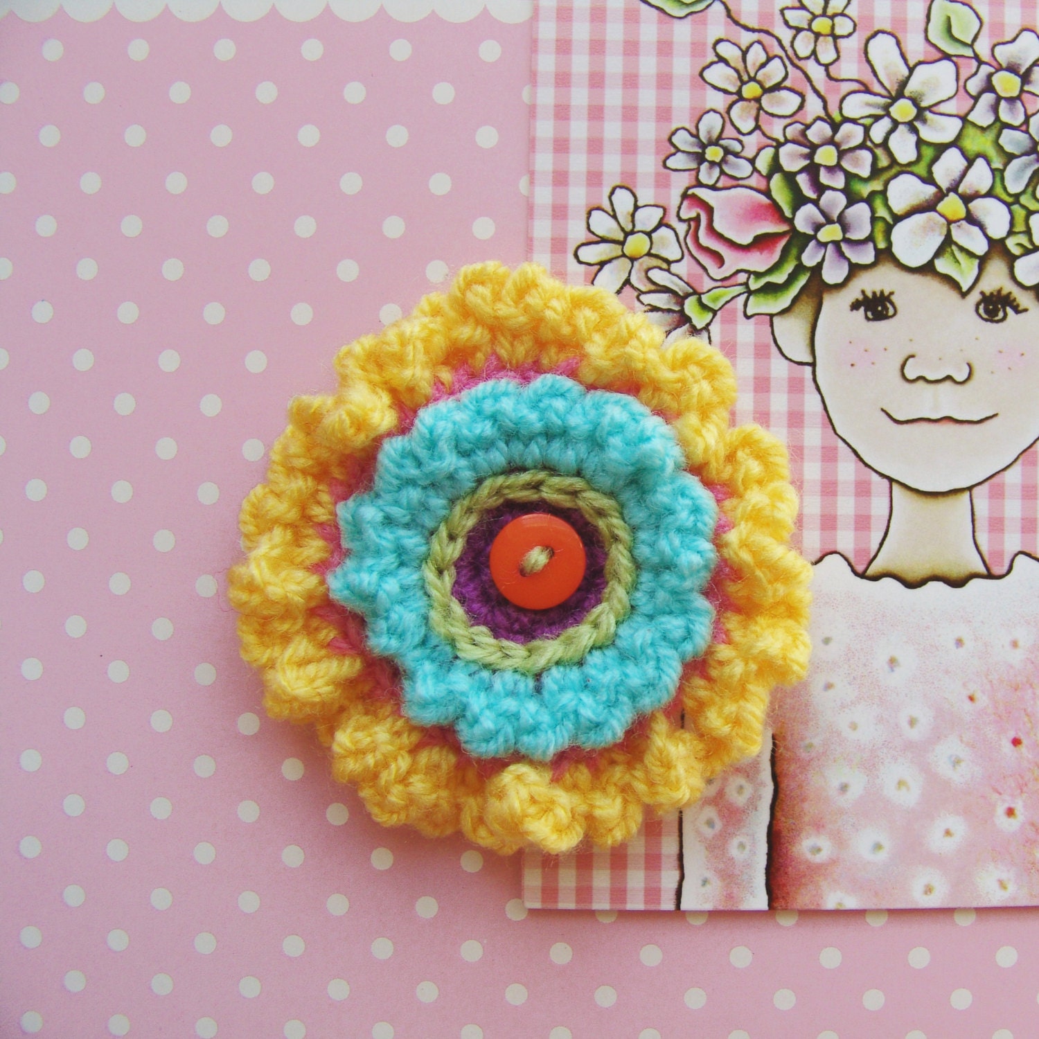 big crochet flower applique yellow pink blue purplr orange green