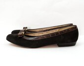 1980s Low Heel Shoes / 80s Salvatore Ferragamo Black Brown Flats / 6.5 7N