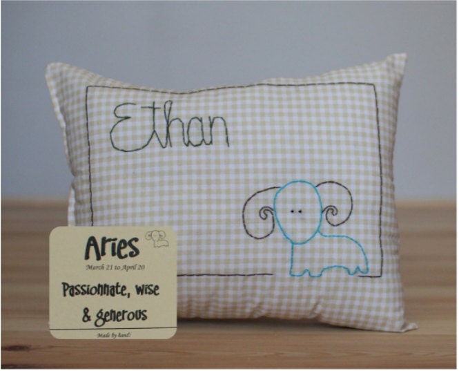 Baby pillow personnalized with zodiac sign, birth pillow, Ethan is an Aries nursery pillow