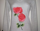 Vintage 1970's Embroidered Rose Flower Metallic Silver V-neck Sweater size Large