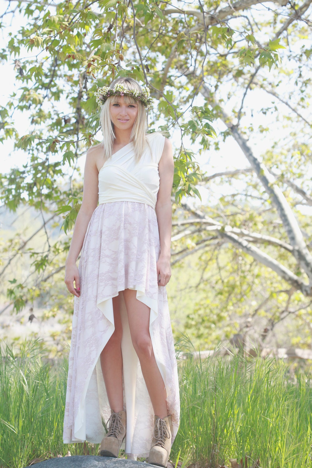 Compass Ivory with Blush Lace Long High Low Octopus Infinity Wrap Gown- Vintage Wedding, Bridesmaids Dress