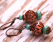 Turquoise Aqua Earrings / Boho Gypsy Earrings /Earthy Rustic Earrings /Copper Earrings / Dangle Earrings / Woodland Earrings