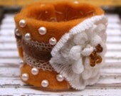 Mustard Yellow Feminine Shabby Chic Boho Pearl Velvet Lace Flower Cuff Bracelet