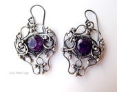 Wire Wrapped Sterling Silver Dangle Earrings With Purple Amethyst.