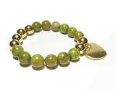 Olive Green Marble Stretch Bracelet with Golden Heart Charm, Stone Stretch Bead Heart Bracelet