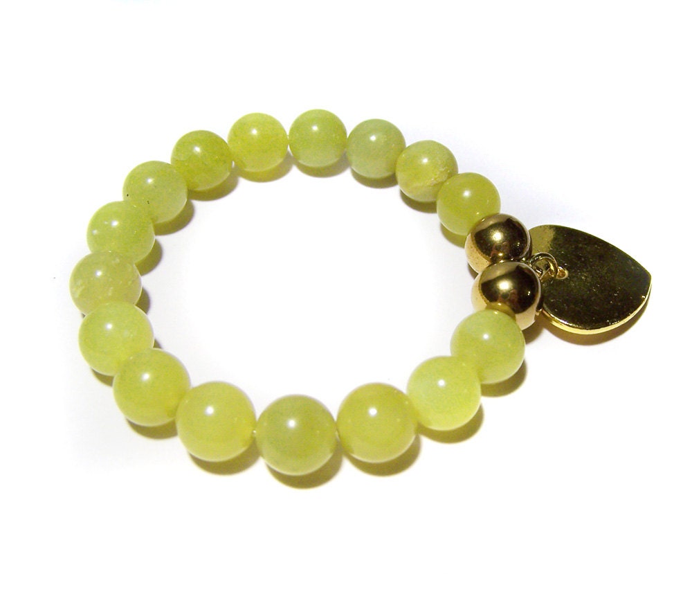Stone Stretch Bracelet with Golden Heart Charm, Olive Green Jade Lime Stretch Bead Heart Bracelet