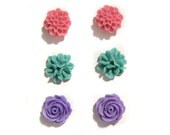 Bridesmaid Gift Earrings Set. Flower Stud Earrings. pink, violet, seafoam green resin flowers earrings. Aqua teal emerald Rose Earrings.