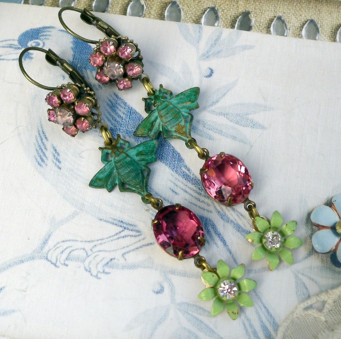 All a Buzz, Vintage Rhinestones, Honey Bee and Enamel Flower Assemblage Earrings