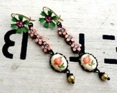 Cottage Rose, Vintage Rose Cameo and Enamel Flower Assemblage Earrings