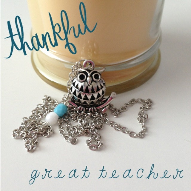 Owl Necklace, Antique Silver Finish, Aqua and White Czech Glass Beads