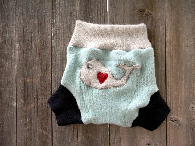 Upcycled Wool Soaker Cover Diaper Cover With Added Doubler Aqua Blue/Light Gray With Whale Applique LARGE 12-24M Kidgogreen