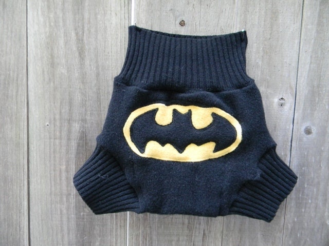 Upcycled Wool Soaker Cover Diaper Cover With Added Doubler Black With Batman Applique MEDIUM 6-12M Kidsgogreen