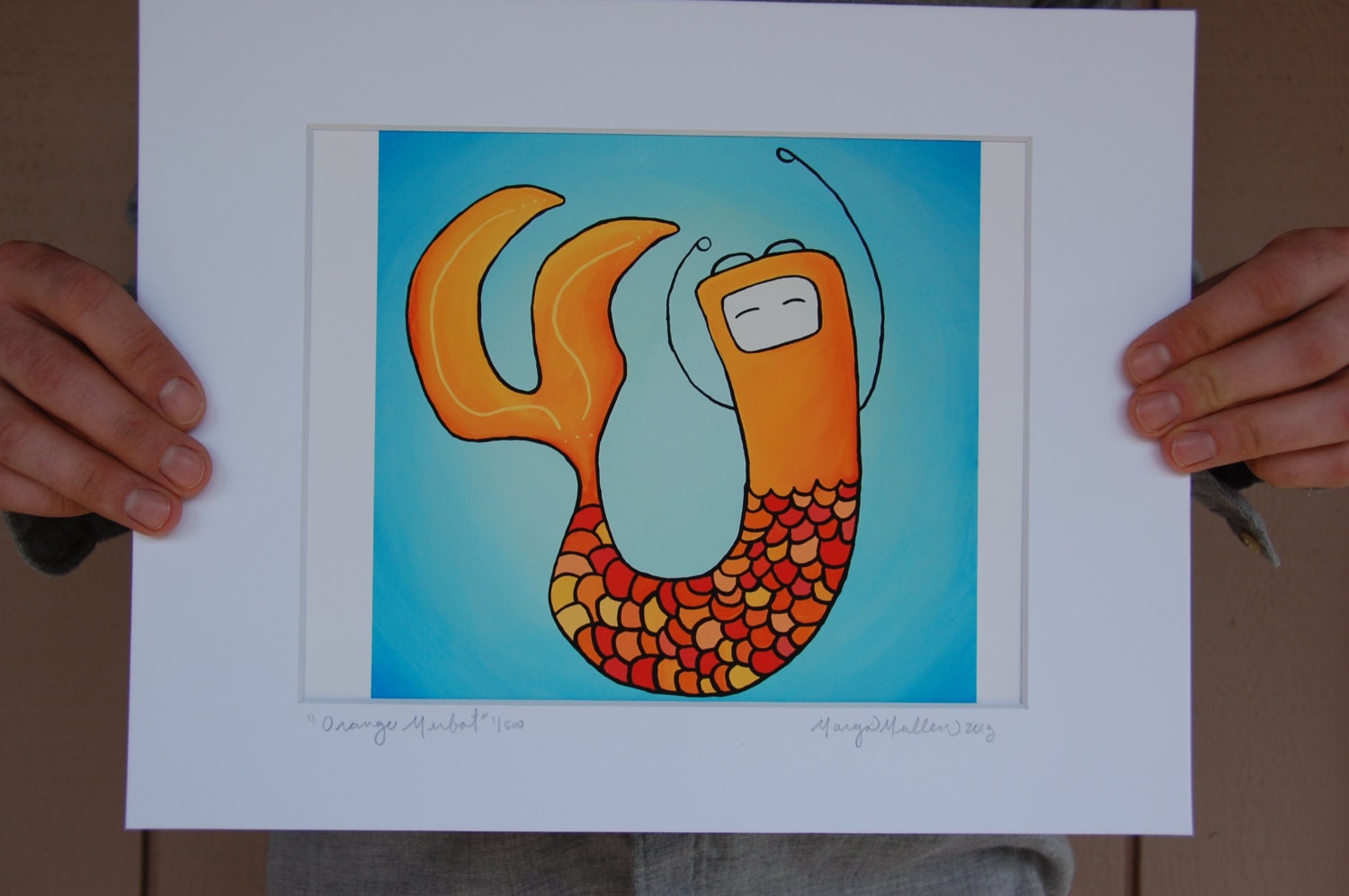 Orange Merbot, Giclee of original painting, 8x8in, bright colors