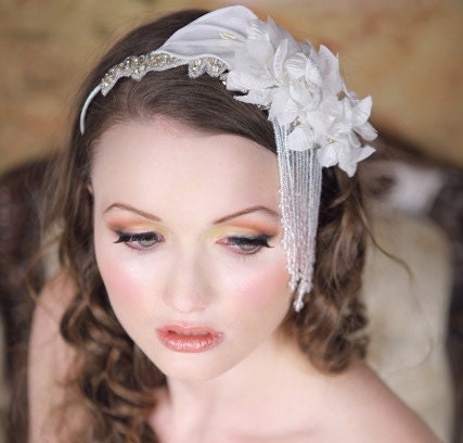WATERFALL  Beaded Rhinestone Floral Callalily Bridal Headband