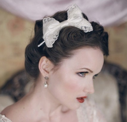 ALICE Ivory Lace and Satin Bow Headband