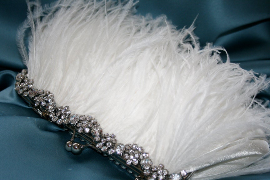 2013 NEW Larger STARLET Feather and Rhinestone Bridal Clutch Purse