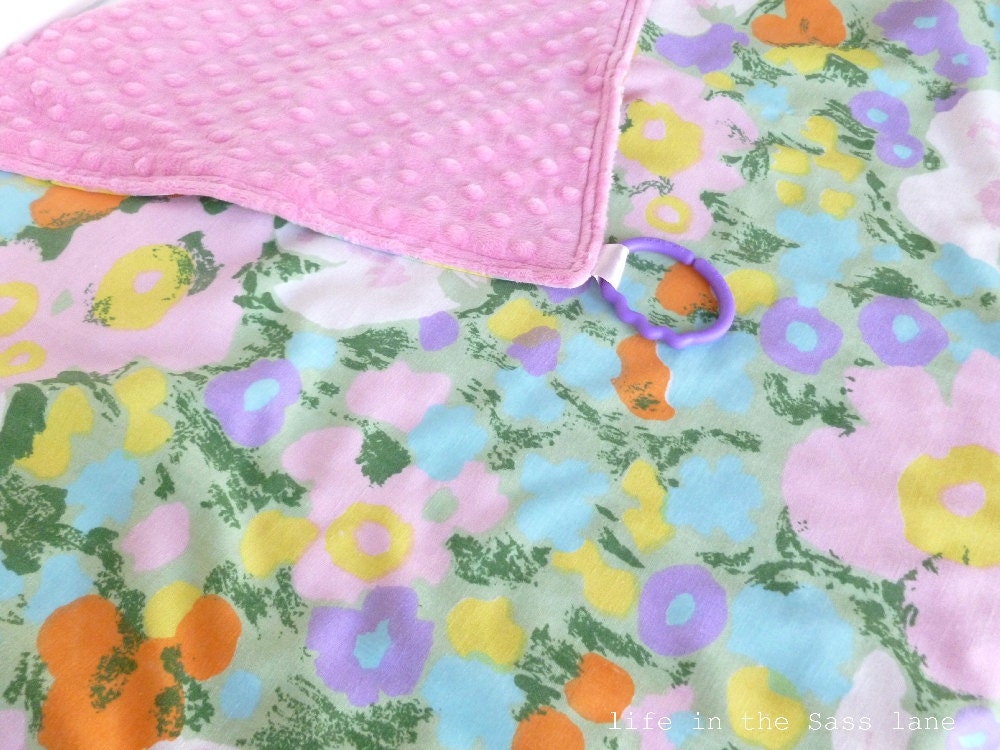 Vintage Pillowcase and Minky Baby Blanket Made from Reclaimed Bedding in Pink, Green, Purple, Orange, Yellow and Blue Pastel Flowers