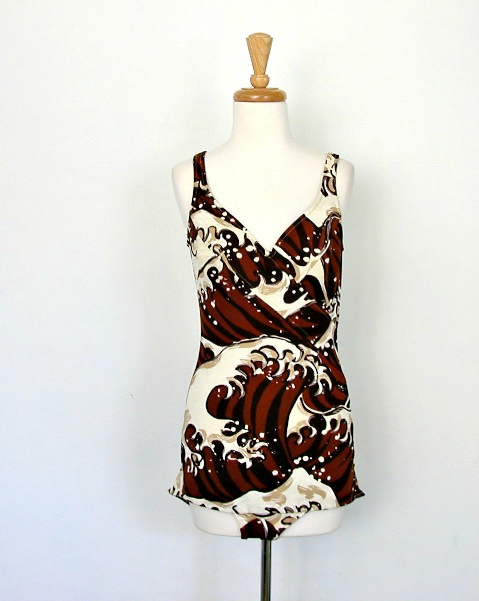 1960s One Piece Swimsuit / 60s maillot / the great wave / bathing suit / jantzen / brown and cream / pin up swimwear / small medium