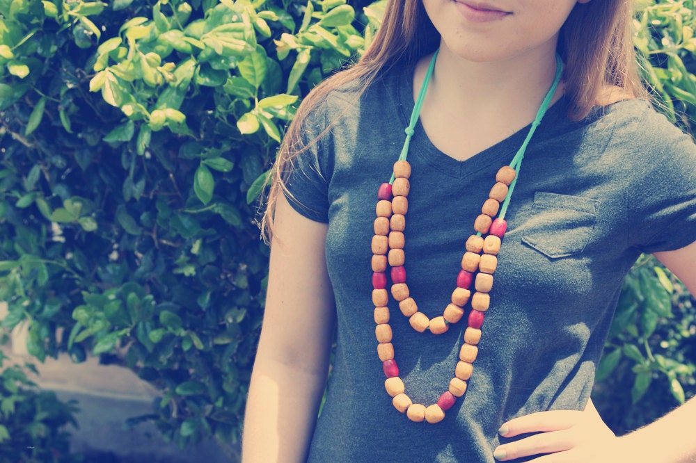 Retro Natural Aqua Red Brown Double Strand Chunky Wooden Beaded Necklace
