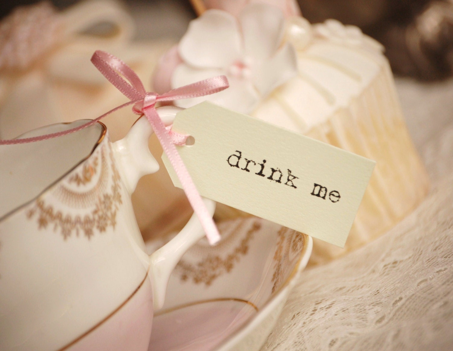 Drink Me Tea Cup Tags - pastel green and pink